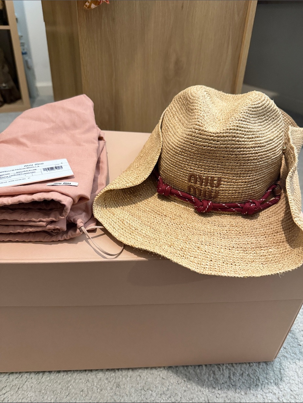 Miu Miu Natural Straw Raffia Cowboy Western Bucket Hat with Red Rope Trim